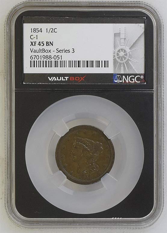 1854 C-1 Braided Hair Half Cent NGC XF45 Vaultbox Series 3 Front