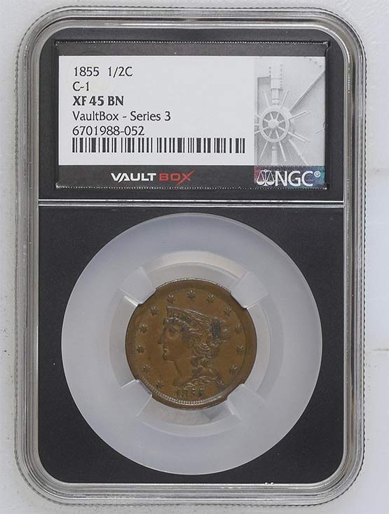 1855 C-1 Braided Hair Half Cent NGC XF45 Vaultbox Series 3 Front