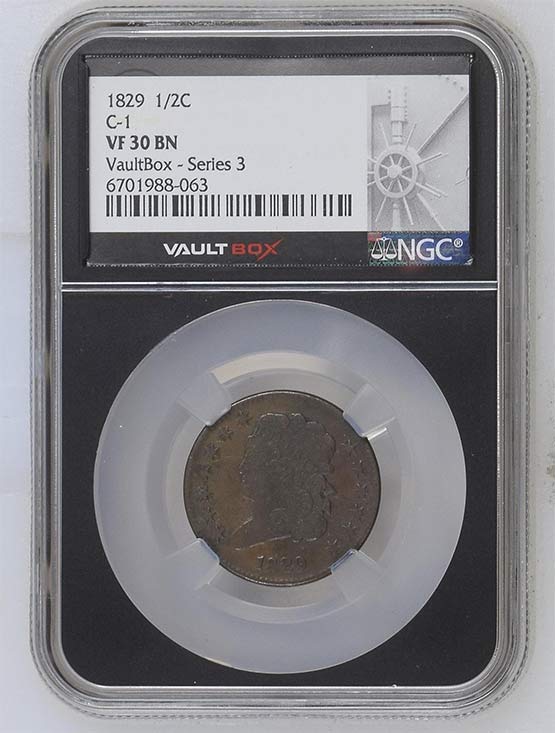 1829 C-1 Classic Head Half Cent NGC VF30 Vaultbox Series 3 Front