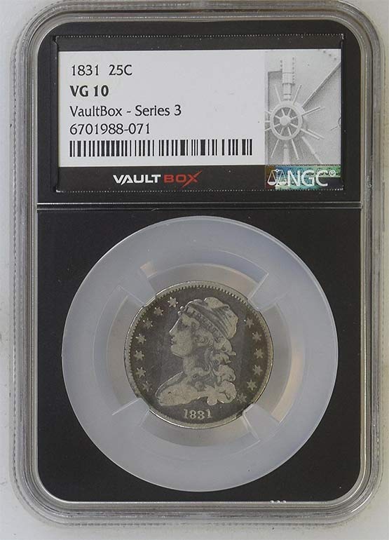 1831 Capped Bust Quarter NGC VG10 Vaultbox Series 3 Front