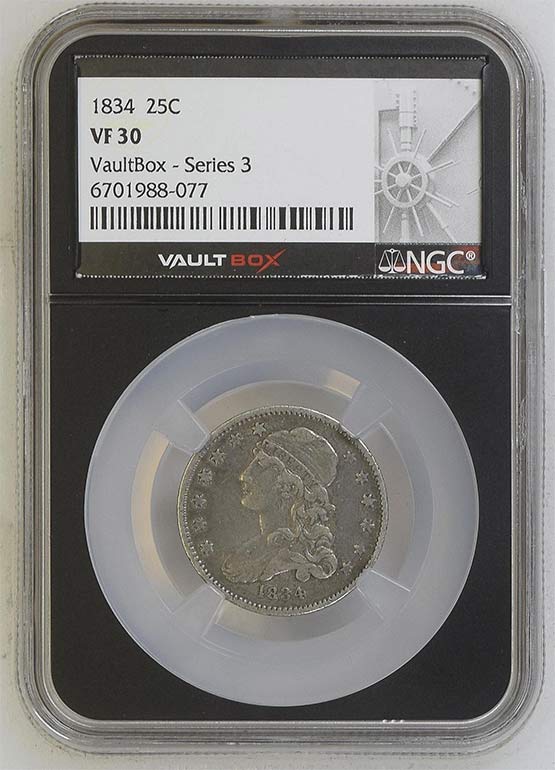 1834 Capped Bust Quarter NGC VF30 Vaultbox Series 3 Front