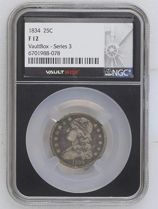 1834 Capped Bust Quarter NGC F12 Vaultbox Series 3 Front