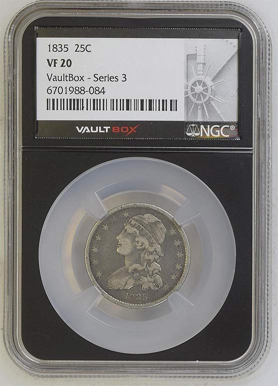 1835 Capped Bust Quarter NGC VF20 Vaultbox Series 3 Front