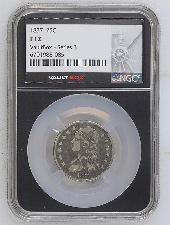 1837 Capped Bust Quarter NGC F12 Vaultbox Series 3 Front