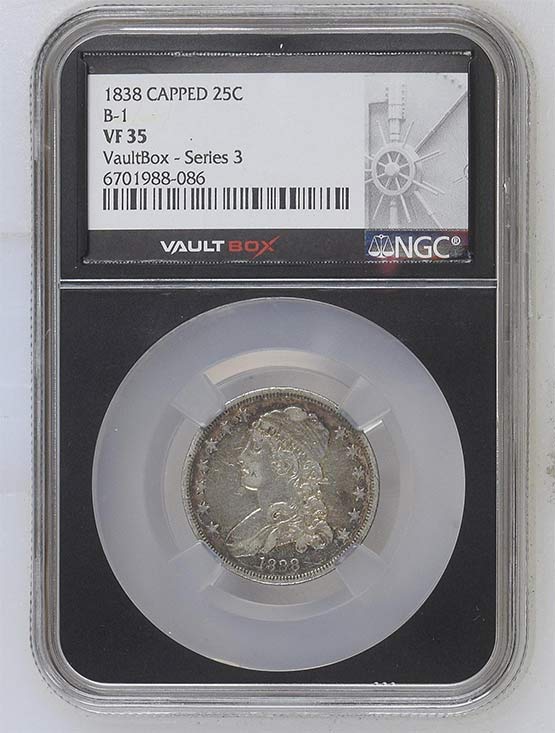 1838 B-1 Capped Bust Quarter NGC VF35 Vaultbox Series 3 Front