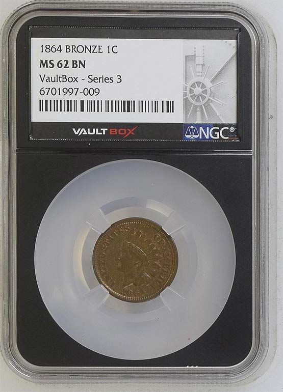 1864 Bronze Indian Head Cent NGC MS62BN Vaultbox Series 3 Front