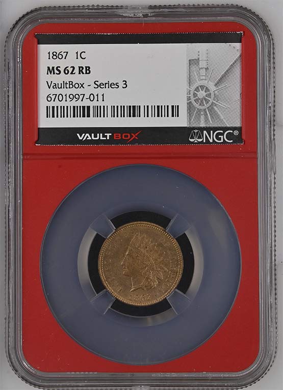 1867 Indian Head Cent NGC MS62RB Vaultbox Series 3 Front