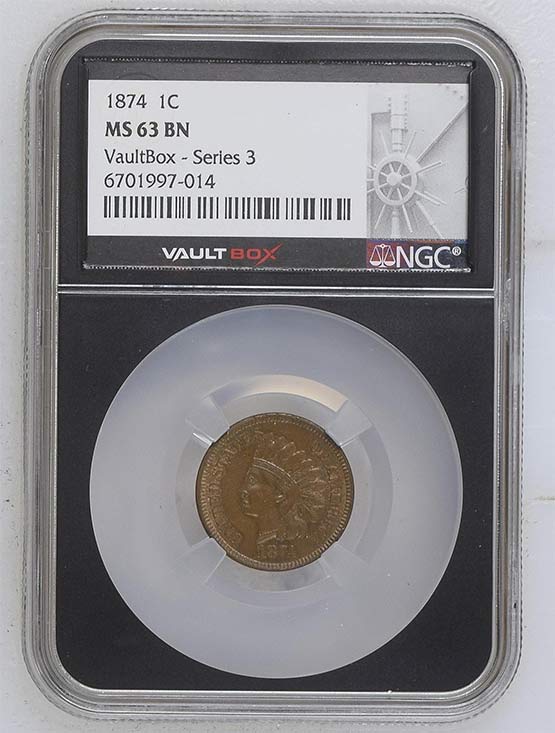 1874 Indian Head Cent NGC MS63BN Vaultbox Series 3 Front