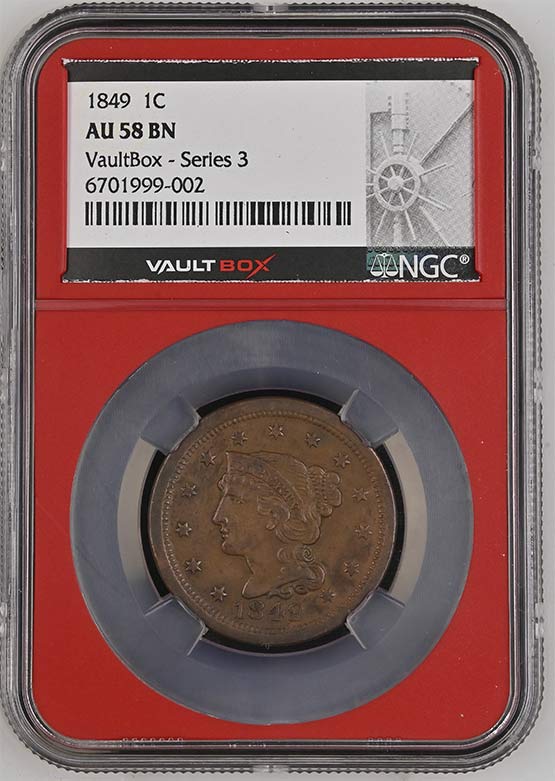 1849 Braided Hair Large Cent NGC AU58BN Vaultbox Series 3 Front