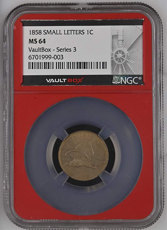 1858 Small Letters Flying Eagle Cent NGC MS64 Vaultbox Series 3 Front