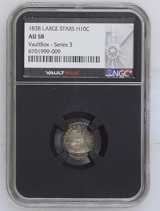 1838 Large Stars Seated Liberty Half Dime NGC AU58 Vaultbox Series 3 Front
