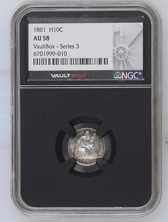 1861 Seated Liberty Half Dime NGC AU58 Vaultbox Series 3 Front