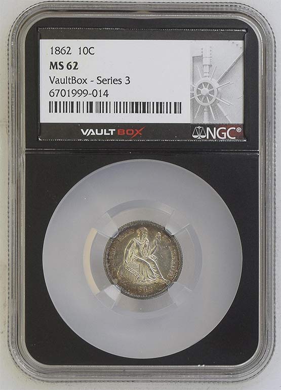 1862 Seated Liberty Dime NGC MS62 Vaultbox Series 3 Front