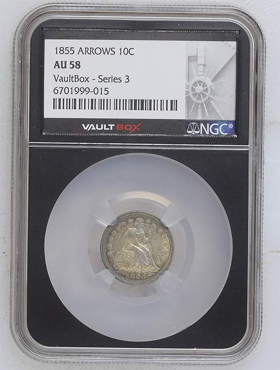 1855 Arrows Seated Liberty Dime NGC AU58 Vaultbox Series 3 Front