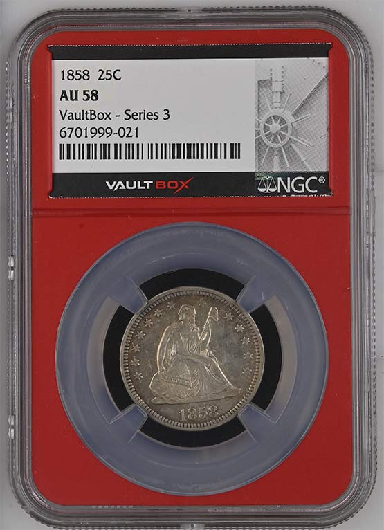 1858 Seated Liberty Quarter NGC AU58 Vaultbox Series 3 Front