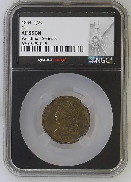 1834 C-1 Classic Head Half Cent NGC AU55 Vaultbox Series 3 Front
