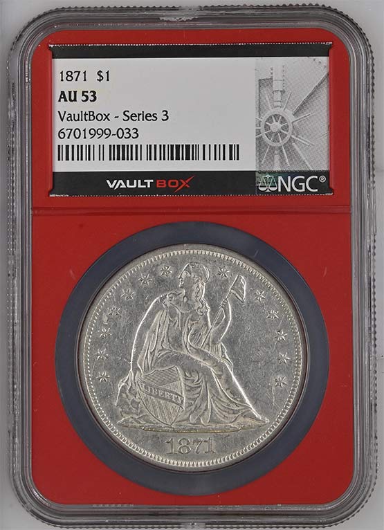 1871 $1 Seated Liberty Silver Dollar NGC AU53 Vaultbox Series 3 Front