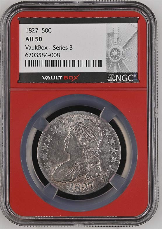 1827 Capped Bust Lettered Edge Half Dollar NGC AU50 Vaultbox Series 3 Front