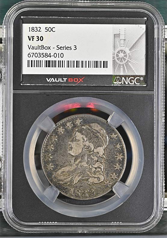 1832 Capped Bust Lettered Edge Half Dollar NGC VF30 Vaultbox Series 3 Front