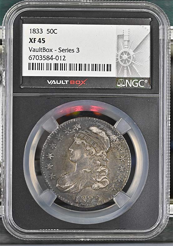 1833 Capped Bust Lettered Edge Half Dollar NGC XF45 Vaultbox Series 3 Front
