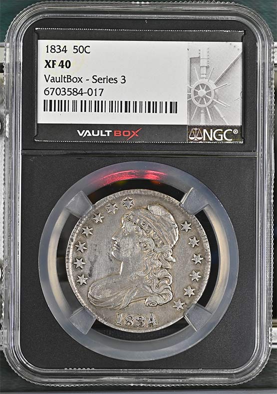 1834 Capped Bust Lettered Edge Half Dollar NGC XF40 Vaultbox Series 3 Front