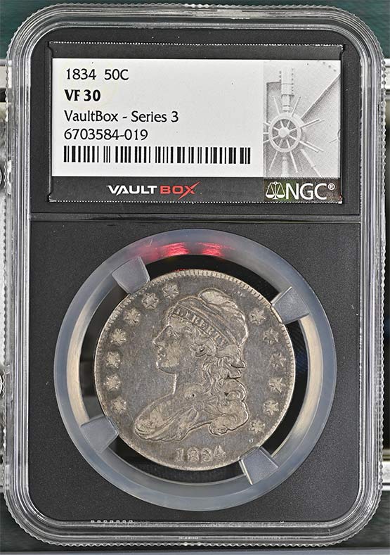 1834 Capped Bust Lettered Edge Half Dollar NGC VF30 Vaultbox Series 3 Front
