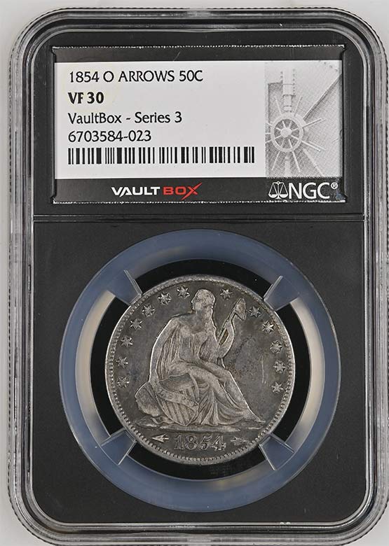 1854-O Arrows Seated Liberty Half Dollar NGC VF30 Vaultbox Series 3 Front