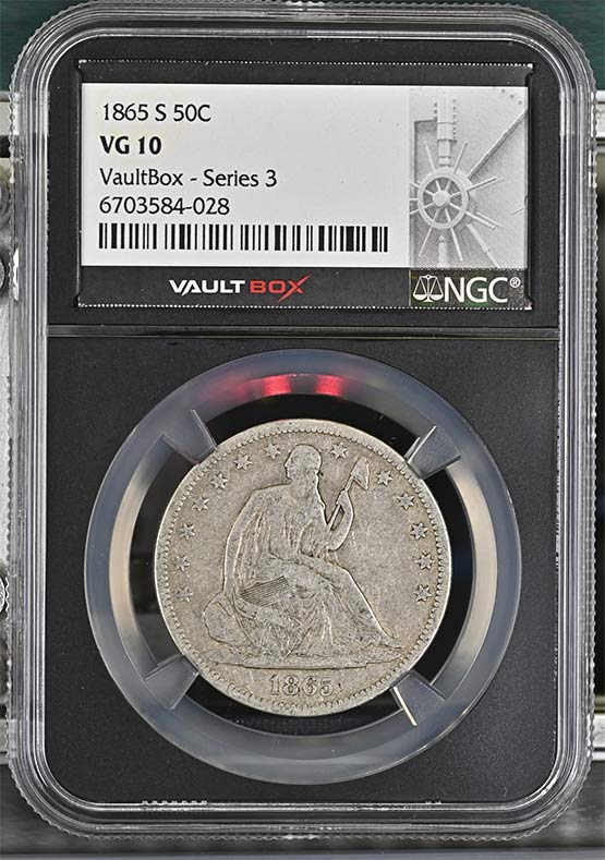 1865-S Seated Liberty Half Dollar NGC VG10 Vaultbox Series 3 Front