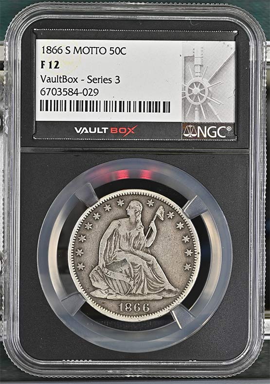 1866-S Motto Seated Liberty Half Dollar NGC F12 Vaultbox Series 3 Front