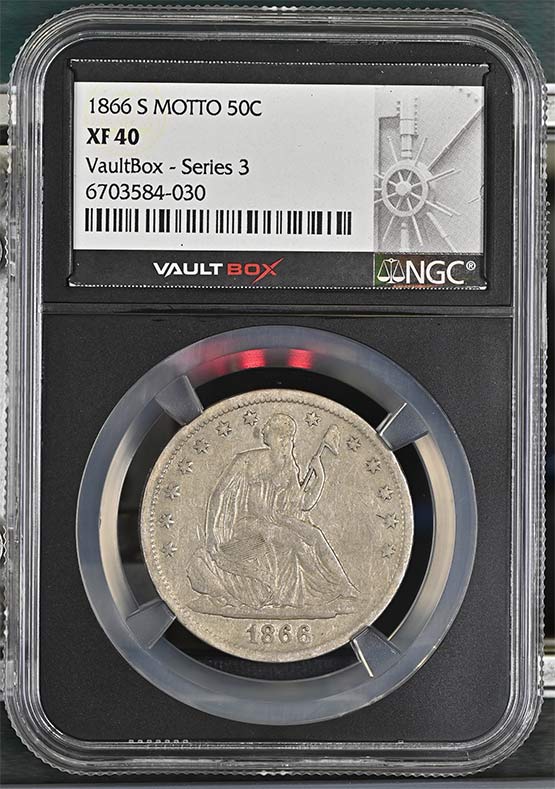 1866-S Motto Seated Liberty Half Dollar NGC XF40 Vaultbox Series 3 Front
