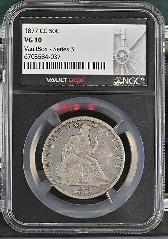 1877-CC Seated Liberty Half Dollar NGC VG10 Vaultbox Series 3 Front