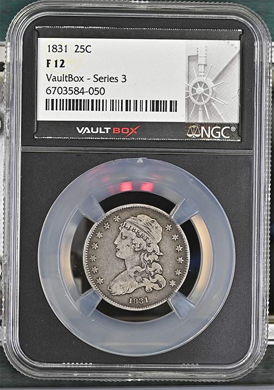 1831 Capped Bust Quarter NGC F12 Vaultbox Series 3 Front