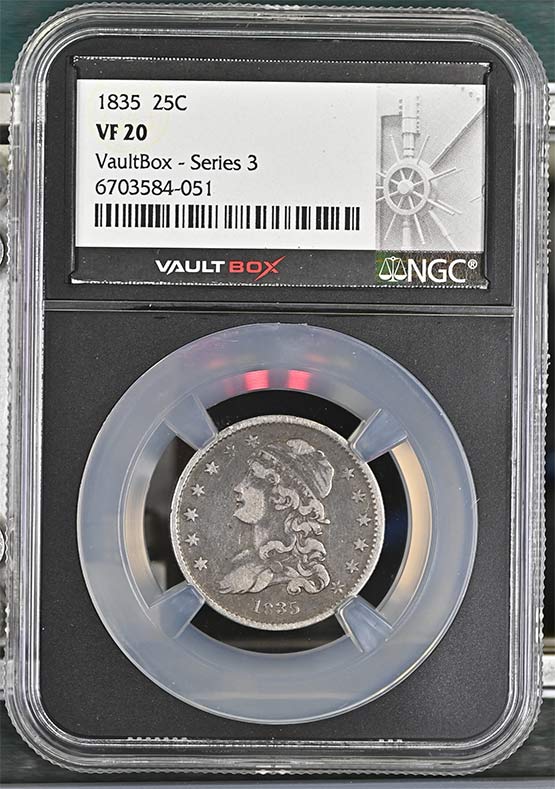 1835 Capped Bust Quarter NGC VF20 Vaultbox Series 3 Front