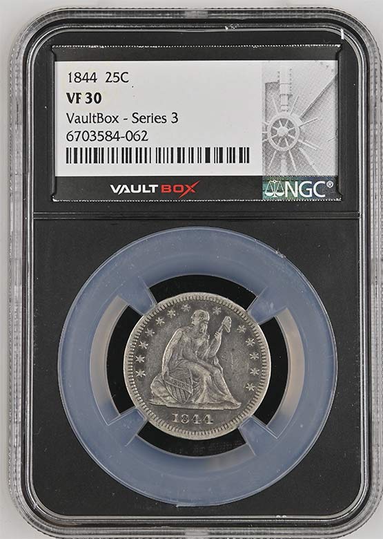 1844 Seated Liberty Quarter NGC VF30 Vaultbox Series 3 Front