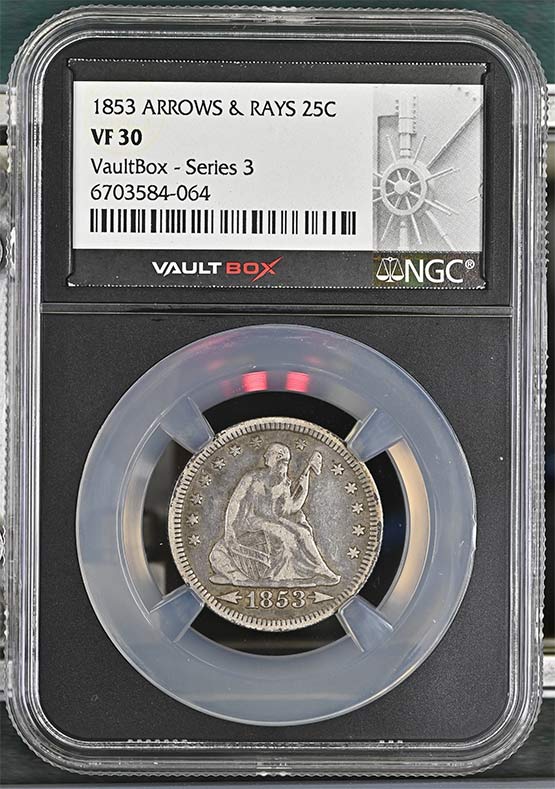 1853 Arrows & Rays Seated Liberty Quarter NGC VF30 Vaultbox Series 3 Front