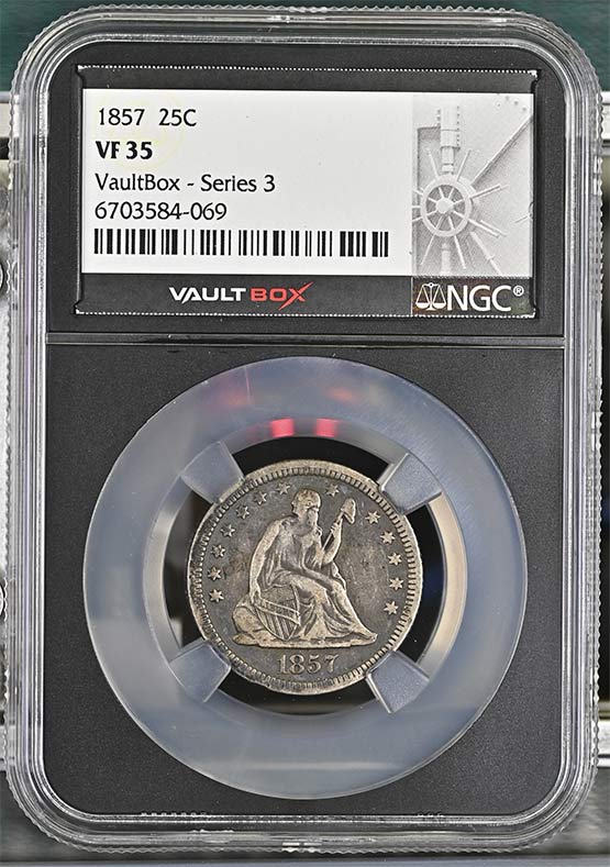 1857 Seated Liberty Quarter NGC VF35 Vaultbox Series 3 Front