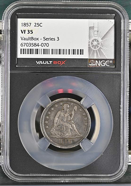 1857 Seated Liberty Quarter NGC VF35 Vaultbox Series 3 Front