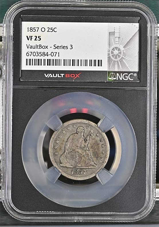 1857-O Seated Liberty Quarter NGC VF25 Vaultbox Series 3 Front