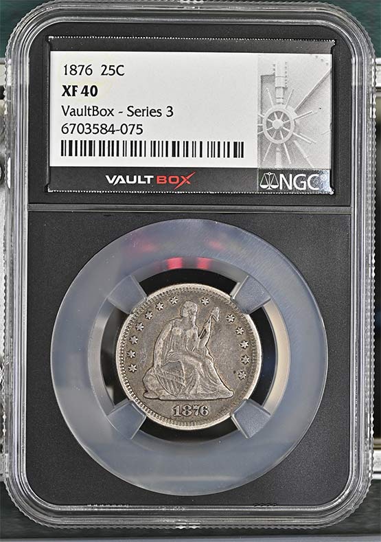 1876 Seated Liberty Quarter NGC XF40 Vaultbox Series 3 Front