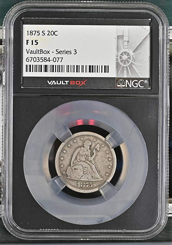 1875-S Seated Liberty Twenty-Cent Piece NGC F15 Vaultbox Series 3 Front