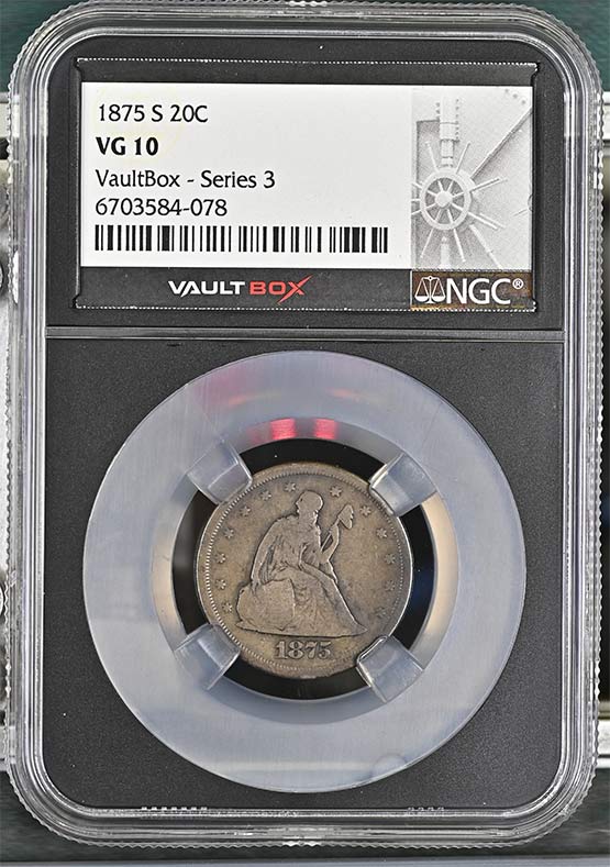 1875-S Seated Liberty Twenty-Cent Piece NGC VG10 Vaultbox Series 3 Front