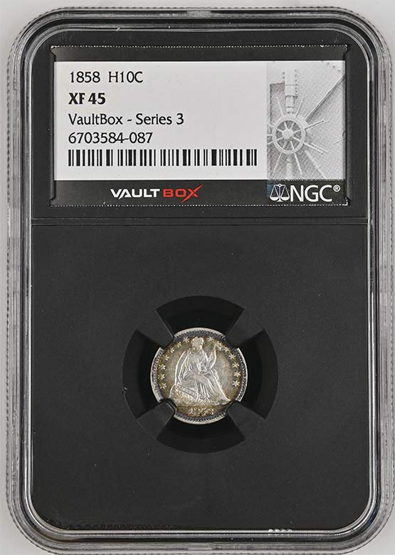 1858 Seated Liberty Half Dime NGC XF45 Vaultbox Series 3 Front