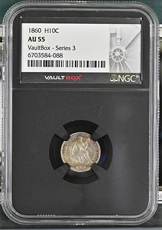 1860 Seated Liberty Half Dime NGC AU55 Vaultbox Series 3 Front