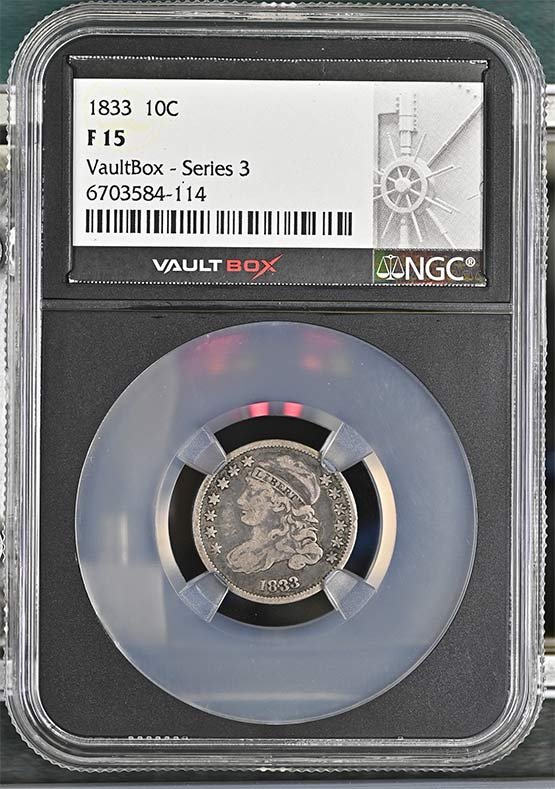 1833 Capped Bust Dime NGC F15 Vaultbox Series 3 Front