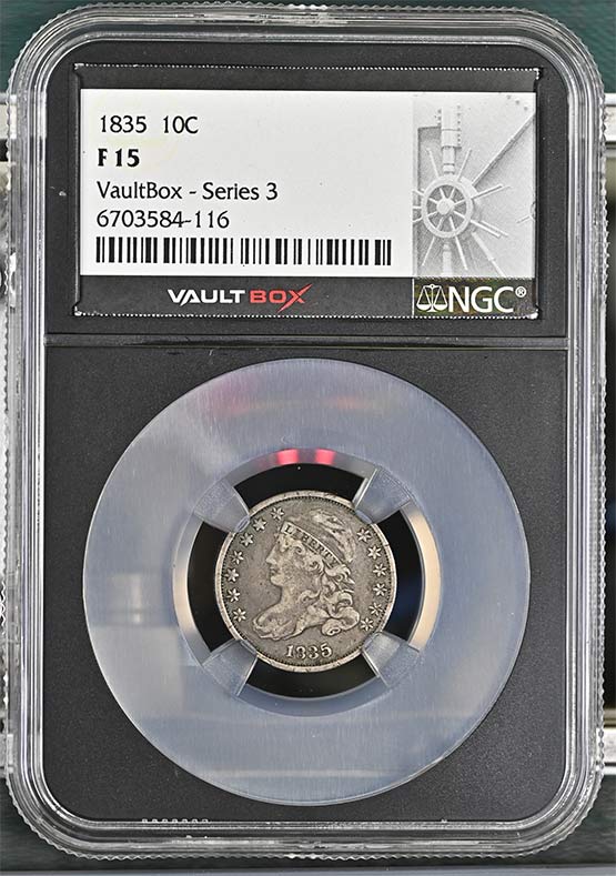 1835 Capped Bust Dime NGC F15 Vaultbox Series 3 Front