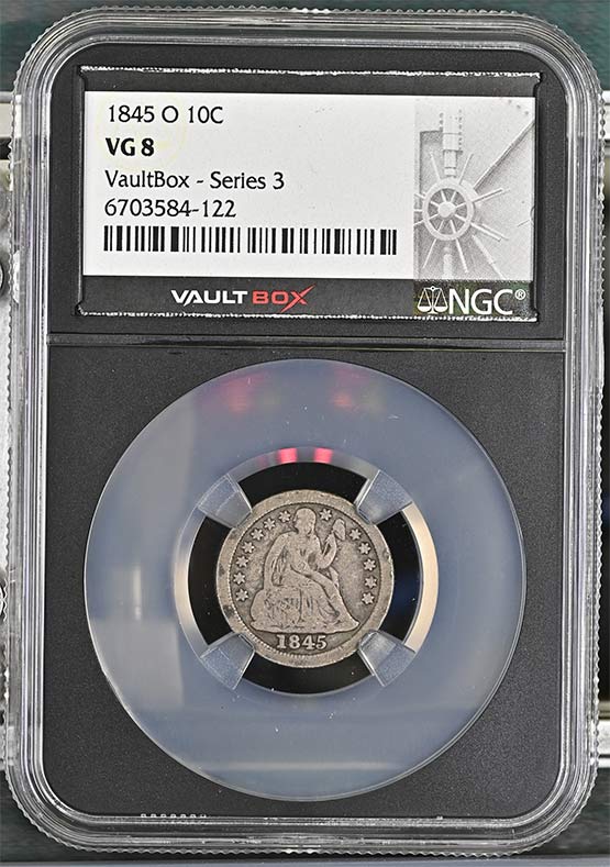 1845-O Seated Liberty Dime NGC VG8 Vaultbox Series 3 Front