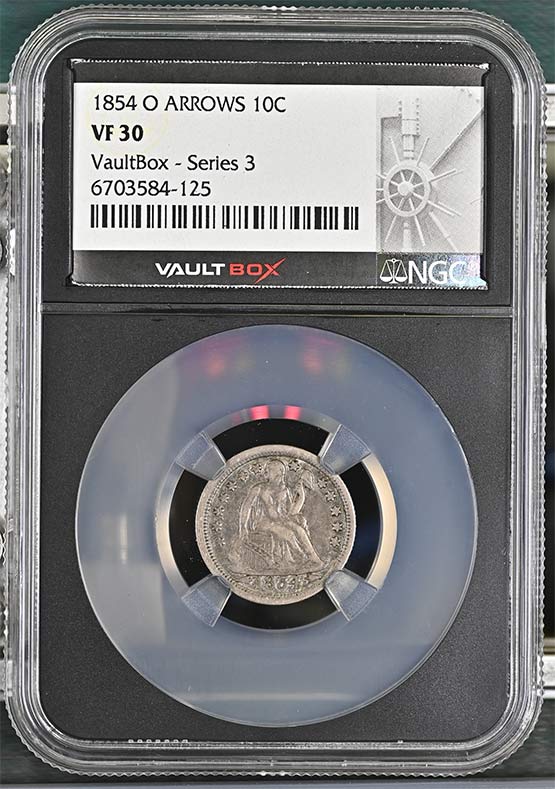 1854-O Arrows Seated Liberty Dime NGC VF30 Vaultbox Series 3 Front