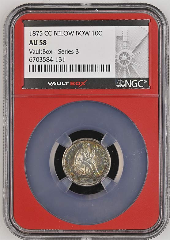 1875-CC Below Bow Seated Liberty Dime NGC AU58 Vaultbox Series 3 Front