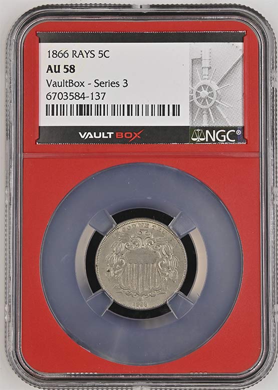 1866 Rays Shield Nickel NGC AU58 Vaultbox Series 3 Front