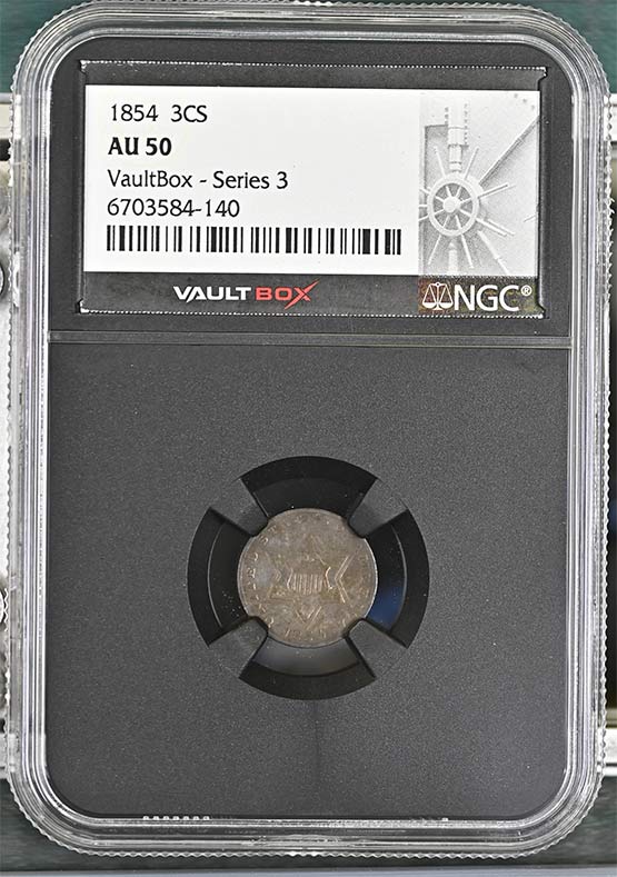 1854 Three-Cent Silver Piece NGC AU50 Vaultbox Series 3 Front